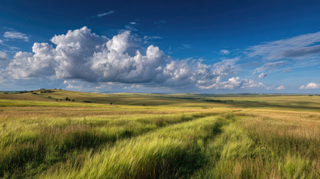 A photograph of Eastern European plains 224 with open countryside plains panorama, barley farmland...