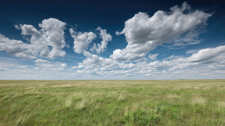 A photograph of Eastern European plains 3 with plains landscape with distant forests, tall steppe grasses, fresh steppe spring, ultra realistic landscape photography, wide angle lens, natural colors, clean composition, no peopleの写真素材