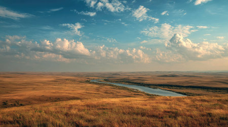 A photograph of Eastern European plains 280 with steppe plains overlooking river, grassy plains vegetation, warm steppe summer, ultra realistic landscape photography, wide angle lens, natural colors, clean composition, no peopleの写真素材
