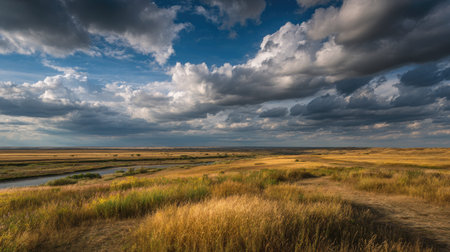A photograph of Eastern European plains 42 with vast plains under dramatic sky, riverbank grasses,...