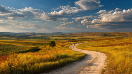 A photograph of Eastern European plains 381 with agricultural plains with winding road, countryside...