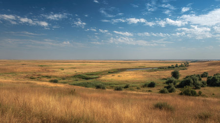 A photograph of Eastern European plains 84 with open plains with small villages, riverbank...