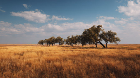 A photograph of Eastern European plains 58 with wide steppe grassland landscape, oak tree clusters,...