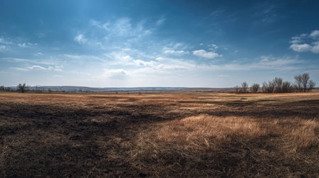 A photograph of Eastern European plains 45 with open countryside plains panorama, dry grass patches, fresh steppe spring, ultra realistic landscape photography, wide angle lens, natural colors, clean composition, no peopleの写真素材