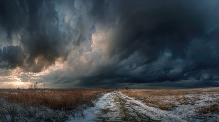 A photograph of Eastern European plains 4 with vast plains under dramatic sky, wild clover flowers, snowy eastern european winter, ultra realistic landscape photography, wide angle lens, natural colors, clean composition, no peopleの写真素材