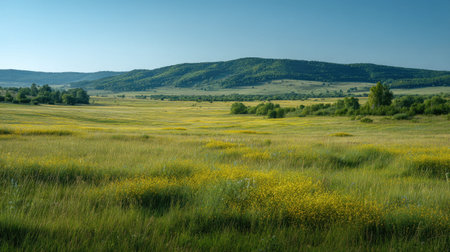 A photograph of Eastern European plains 177 with plains landscape with distant forests, wild meadow...