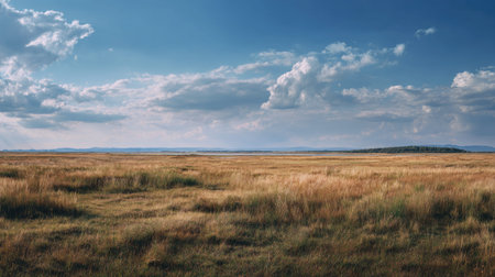 A photograph of Eastern European plains 81 with plains landscape with distant forests, grassy plains...
