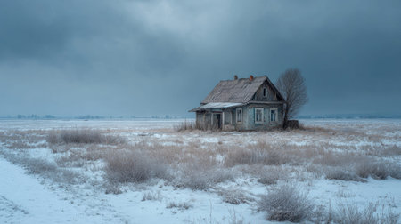 A photograph of Eastern European plains 411 with farmland plains with scattered houses, wild meadow flowers, snowy eastern european winter, ultra realistic landscape photography, wide angle lens, natural colors, clean composition, no peopleの写真素材