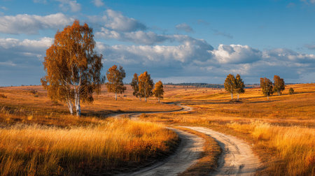 A photograph of Eastern European plains 328 with plains with winding dirt roads, birch tree groves,...