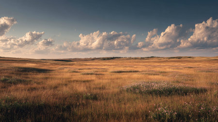 A photograph of Eastern European plains 362 with flat countryside plains, wild meadow flowers, warm steppe summer, ultra realistic landscape photography, wide angle lens, natural colors, clean composition, no peopleの写真素材