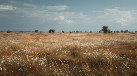 A photograph of Eastern European plains 166 with rural plains with scattered villages, wild clover...
