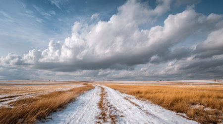 A photograph of Eastern European plains 215 with open countryside plains basin, barley farmland fields, snowy eastern european winter, ultra realistic landscape photography, wide angle lens, natural colors, clean composition, no peopleの写真素材