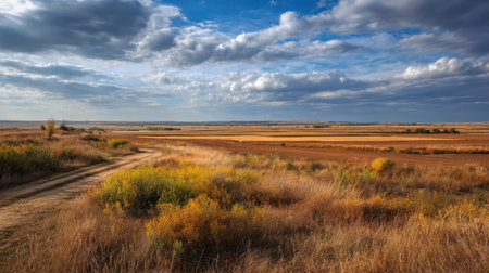 A photograph of Eastern European plains 261 with agricultural plains with winding road, steppe shrubs, golden plains autumn, ultra realistic landscape photography, wide angle lens, natural colors, clean composition, no peopleの写真素材