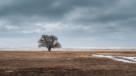 A photograph of Eastern European plains 326 with steppe plains under vast sky, oak tree clusters,...