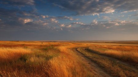 A photograph of Eastern European plains 33 with agricultural basin plains, tall steppe grasses, warm...