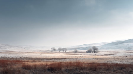A photograph of Eastern European plains 311 with rural plains with distant tree lines, steppe shrubs, snowy eastern european winter, ultra realistic landscape photography, wide angle lens, natural colors, clean composition, no peopleの写真素材