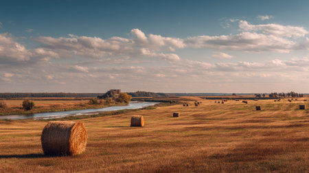 A photograph of Eastern European plains 421 with rural plains with riverbanks, scattered hay bales, golden plains autumn, ultra realistic landscape photography, wide angle lens, natural colors, clean composition, no peopleの写真素材