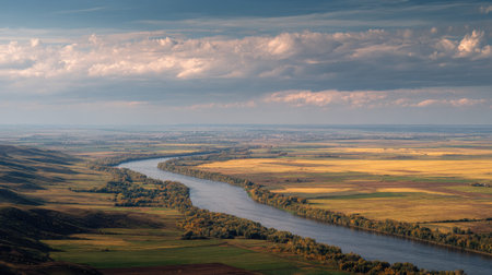 A photograph of Eastern European plains 388 with wide river valley plains, riverbank vegetation,...