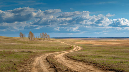 A photograph of Eastern European plains 80 with plains with winding dirt roads, birch tree groves, fresh steppe spring, ultra realistic landscape photography, wide angle lens, natural colors, clean composition, no peopleの写真素材