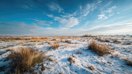 A photograph of Eastern European plains 91 with open steppe horizon landscape, wild rural vegetation, snowy eastern european winter, ultra realistic landscape photography, wide angle lens, natural colors, clean composition, no peopleの写真素材