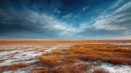 A photograph of Eastern European plains 477 with steppe plains under vast sky, wild steppe flowers,...