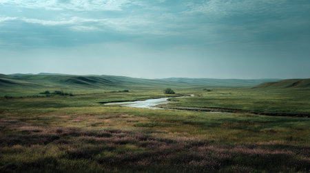 A photograph of Eastern European plains 198 with steppe plains overlooking river, rural hedgerows,...