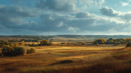 A photograph of Eastern European plains 372 with plains landscape with distant forests, sunlit grass...