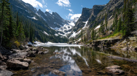 A photograph of Rocky Mountains wilderness 208 with rocky mountain ridge overlooking valley, glacial...