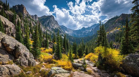 A photograph of Rocky Mountains wilderness with rocky mountain forest valley, rocky mountain moss,...