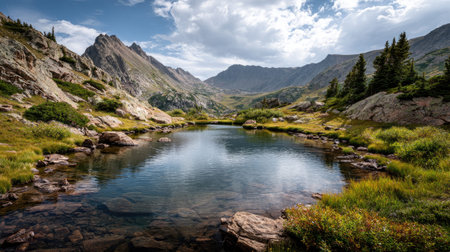 A photograph of Rocky Mountains wilderness 226 with rocky mountain lake shoreline, alpine tundra...