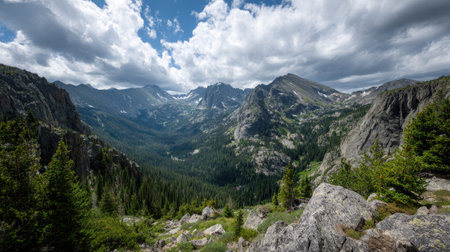 A photograph of Rocky Mountains wilderness 287 with rocky mountain peaks above clouds, granite mountain rocks, rocky mountain green summer, ultra realistic landscape photography, wide angle lens, natural colors, clean composition, no peopleの写真素材