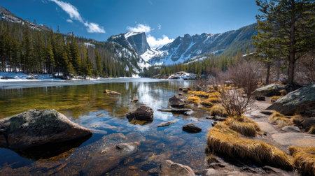 A photograph of Rocky Mountains wilderness 277 with rocky mountain lake shoreline, rocky mountain...