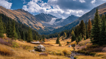 A photograph of Rocky Mountains wilderness 373 with rocky mountain alpine pass, pine forest valley...