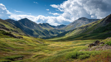 A photograph of Rocky Mountains wilderness with rocky mountain alpine pass, alpine tundra plants,...