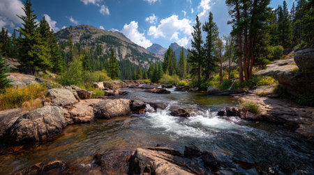 A photograph of Rocky Mountains wilderness with rocky mountain wilderness ridge, mountain stream...