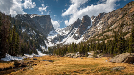 A photograph of Rocky Mountains wilderness 334 with rocky mountain alpine meadow valley, rocky...