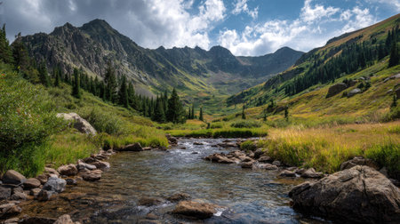 A photograph of Rocky Mountains wilderness 273 with rocky mountain river valley, rocky mountain grass slopes, rocky mountain green summer, ultra realistic landscape photography, wide angle lens, natural colors, clean composition, no peopleの写真素材