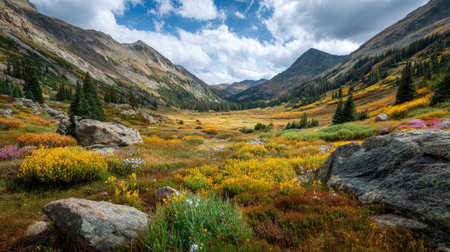 A photograph of Rocky Mountains wilderness 429 with rocky mountain wilderness plateau, alpine wildflower meadows, rocky mountain golden autumn, ultra realistic landscape photography, wide angle lens, natural colors, clean composition, no peopleの写真素材