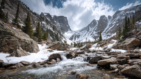 A photograph of Rocky Mountains wilderness 482 with rocky mountain peaks above clouds, mountain...