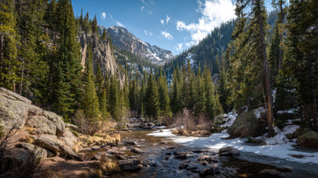 A photograph of Rocky Mountains wilderness with rocky mountain forest valley, dense pine forests,...