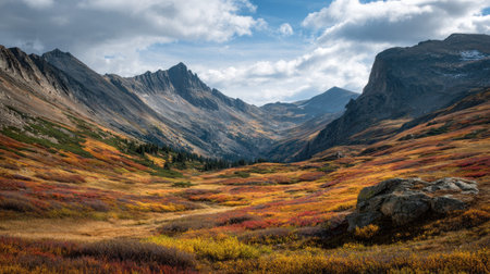 A photograph of Rocky Mountains wilderness with rocky mountain alpine meadow valley, alpine tundra...