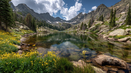 A photograph of Rocky Mountains wilderness 231 with rocky mountain lake surrounded by peaks, alpine...