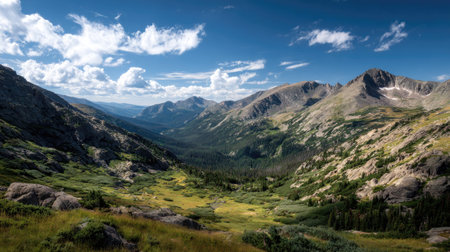 A photograph of Rocky Mountains wilderness 109 with rocky mountain valley panorama, wild alpine...