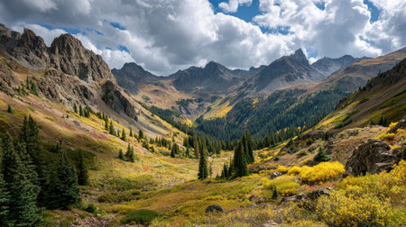 A photograph of Rocky Mountains wilderness with rocky mountain wilderness valley, high alpine...