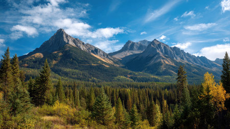 A photograph of Rocky Mountains wilderness 232 with towering rocky mountain peaks, spruce tree...