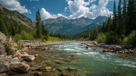 A photograph of Rocky Mountains wilderness with rocky mountain river valley, clear mountain rivers, rocky mountain green summer, ultra realistic landscape photography, wide angle lens, natural colors, clean composition, no peopleの写真素材