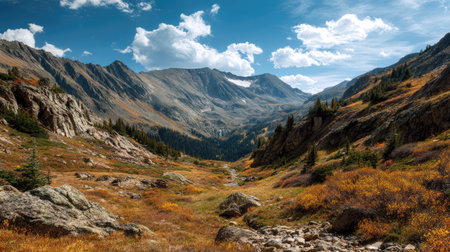 A photograph of Rocky Mountains wilderness 266 with rocky mountain alpine pass, glacial moraine...