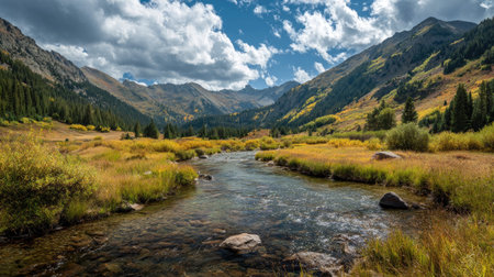 A photograph of Rocky Mountains wilderness with rocky mountain river valley, alpine wildflower...