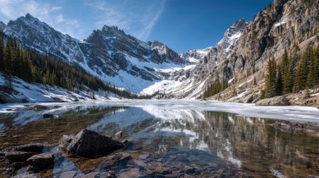 A photograph of Rocky Mountains wilderness 335 with glacial rocky mountain lake, glacial lake water,...