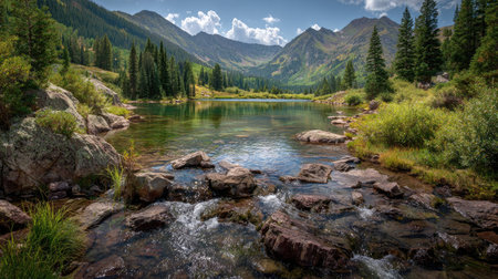 A photograph of Rocky Mountains wilderness 191 with glacial rocky mountain lake, mountain stream...